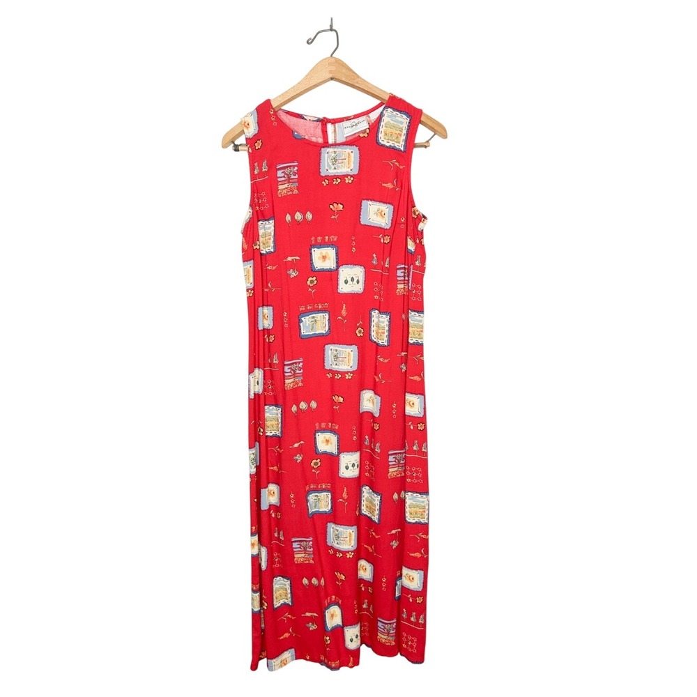 Vintage 90's Studio Ease Eclectic Patchwork Print Sleeveless Midi Dress Red 10